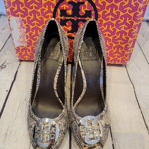 Tory Burch Julianne Embossed Python Animal Print Peep Toe Wood Heel Wedges Pumps